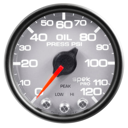 AutoMeter Gauge Oil Press 2-1/16in. 120PSI Stepper Motor W/Peak & Warn Slvr/Blk Spek